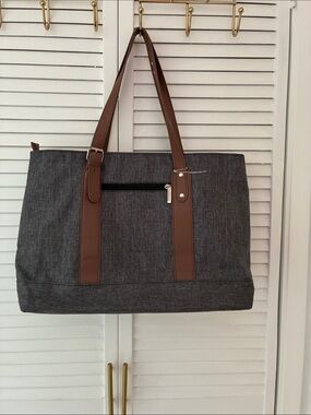 Everyday Gray Canvas Tote with Brown Strap Accents